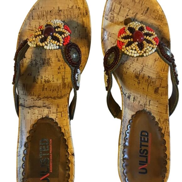 Unlisted Orange Brown Tan beaded Top with Bling cork sandals 7.5M 3 inch wedge - Picture 13 of 16